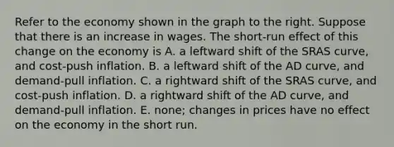 Refer to the economy shown in the graph to the right. Suppose that there is an increase in wages. The​ short-run effect of this change on the economy is A. a leftward shift of the SRAS​ curve, and​ cost-push inflation. B. a leftward shift of the AD​ curve, and​ demand-pull inflation. C. a rightward shift of the SRAS​ curve, and​ cost-push inflation. D. a rightward shift of the AD​ curve, and​ demand-pull inflation. E. ​none; changes in prices have no effect on the economy in the short run.