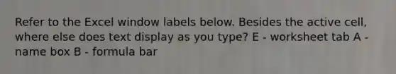 Refer to the Excel window labels below. Besides the active cell, where else does text display as you type? E - worksheet tab A - name box B - formula bar