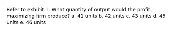 Refer to exhibit 1. What quantity of output would the profit-maximizing firm produce? a. 41 units b. 42 units c. 43 units d. 45 units e. 46 units