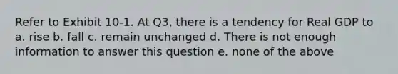 Refer to Exhibit 10-1. At Q3, there is a tendency for Real GDP to a. rise b. fall c. remain unchanged d. There is not enough information to answer this question e. none of the above