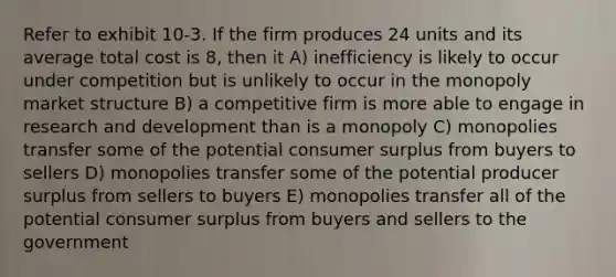 Refer to exhibit 10-3. If the firm produces 24 units and its average total cost is 8, then it A) inefficiency is likely to occur under competition but is unlikely to occur in the monopoly market structure B) a competitive firm is more able to engage in research and development than is a monopoly C) monopolies transfer some of the potential consumer surplus from buyers to sellers D) monopolies transfer some of the potential producer surplus from sellers to buyers E) monopolies transfer all of the potential consumer surplus from buyers and sellers to the government