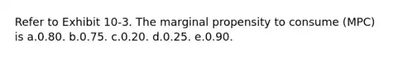 Refer to Exhibit 10-3. The marginal propensity to consume (MPC) is a.0.80. b.0.75. c.0.20. d.0.25. e.0.90.