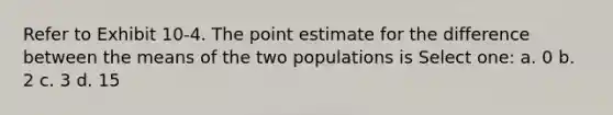 Refer to Exhibit 10-4. The point estimate for the difference between the means of the two populations is Select one: a. 0 b. 2 c. 3 d. 15