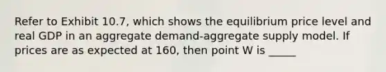 Refer to Exhibit 10.7, which shows the equilibrium price level and real GDP in an aggregate demand-aggregate supply model. If prices are as expected at 160, then point W is _____