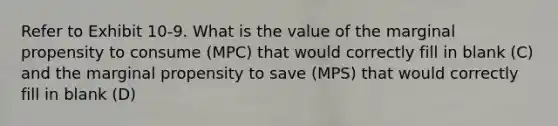 Refer to Exhibit 10-9. What is the value of the marginal propensity to consume (MPC) that would correctly fill in blank (C) and the marginal propensity to save (MPS) that would correctly fill in blank (D)