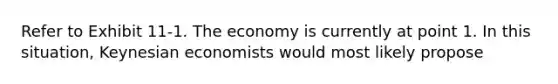 Refer to Exhibit 11-1. The economy is currently at point 1. In this situation, Keynesian economists would most likely propose