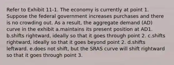 Refer to Exhibit 11-1. The economy is currently at point 1. Suppose the federal government increases purchases and there is no crowding out. As a result, the aggregate demand (AD) curve in the exhibit a.maintains its present position at AD1. b.shifts rightward, ideally so that it goes through point 2. c.shifts rightward, ideally so that it goes beyond point 2. d.shifts leftward. e.​does not shift, but the SRAS curve will shift rightward so that it goes through point 3.