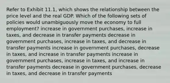 Refer to Exhibit 11.1, which shows the relationship between the price level and the real GDP. Which of the following sets of policies would unambiguously move the economy to full employment? increase in government purchases, increase in taxes, and decrease in transfer payments decrease in government purchases, increase in taxes, and decrease in transfer payments increase in government purchases, decrease in taxes, and increase in transfer payments increase in government purchases, increase in taxes, and increase in transfer payments decrease in government purchases, decrease in taxes, and decrease in transfer payments