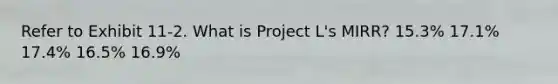 Refer to Exhibit 11-2. What is Project L's MIRR? 15.3% 17.1% 17.4% 16.5% 16.9%