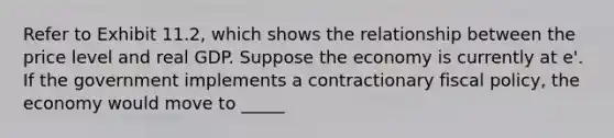 Refer to Exhibit 11.2, which shows the relationship between the price level and real GDP. Suppose the economy is currently at e'. If the government implements a contractionary fiscal policy, the economy would move to _____