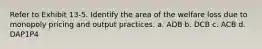 Refer to Exhibit 13-5. Identify the area of the welfare loss due to monopoly pricing and output practices. a. ADB b. DCB c. ACB d. DAP1P4