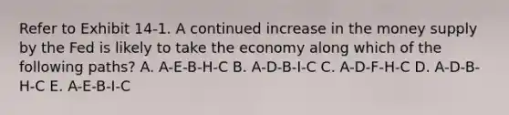 Refer to Exhibit 14-1. A continued increase in the money supply by the Fed is likely to take the economy along which of the following paths? A. A-E-B-H-C B. A-D-B-I-C C. A-D-F-H-C D. A-D-B-H-C E. A-E-B-I-C