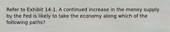 Refer to Exhibit 14-1. A continued increase in the money supply by the Fed is likely to take the economy along which of the following paths?