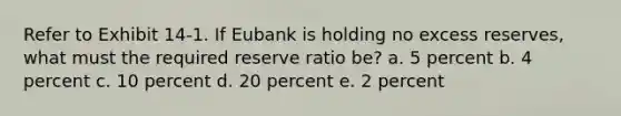 Refer to Exhibit 14-1. If Eubank is holding no excess reserves, what must the required reserve ratio be? a. 5 percent b. 4 percent c. 10 percent d. 20 percent e. 2 percent