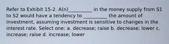 Refer to Exhibit 15-2. A(n)__________ in the money supply from S1 to S2 would have a tendency to __________ the amount of investment, assuming investment is sensitive to changes in the interest rate. Select one: a. decrease; raise b. decrease; lower c. increase; raise d. increase; lower