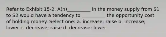 Refer to Exhibit 15-2. A(n)__________ in the money supply from S1 to S2 would have a tendency to __________ the opportunity cost of holding money. Select one: a. increase; raise b. increase; lower c. decrease; raise d. decrease; lower