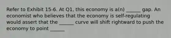 Refer to Exhibit 15-6. At Q1, this economy is a(n) ______ gap. An economist who believes that the economy is self-regulating would assert that the ______ curve will shift rightward to push the economy to point ______