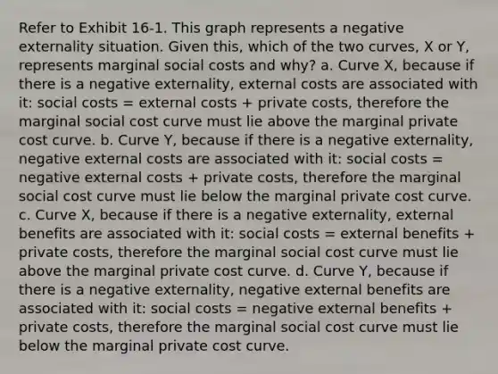 Refer to Exhibit 16-1. This graph represents a negative externality situation. Given this, which of the two curves, X or Y, represents marginal social costs and why? a. Curve X, because if there is a negative externality, external costs are associated with it: social costs = external costs + private costs, therefore the marginal social cost curve must lie above the marginal private cost curve. b. Curve Y, because if there is a negative externality, negative external costs are associated with it: social costs = negative external costs + private costs, therefore the marginal social cost curve must lie below the marginal private cost curve. c. Curve X, because if there is a negative externality, external benefits are associated with it: social costs = external benefits + private costs, therefore the marginal social cost curve must lie above the marginal private cost curve. d. Curve Y, because if there is a negative externality, negative external benefits are associated with it: social costs = negative external benefits + private costs, therefore the marginal social cost curve must lie below the marginal private cost curve.