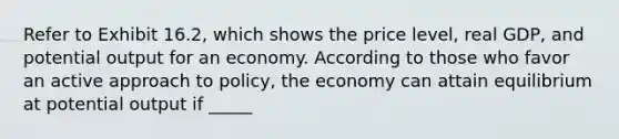 Refer to Exhibit 16.2, which shows the price level, real GDP, and potential output for an economy. According to those who favor an active approach to policy, the economy can attain equilibrium at potential output if _____