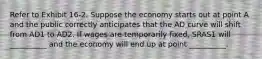 Refer to Exhibit 16-2. Suppose the economy starts out at point A and the public correctly anticipates that the AD curve will shift from AD1 to AD2. If wages are temporarily fixed, SRAS1 will __________ and the economy will end up at point __________.