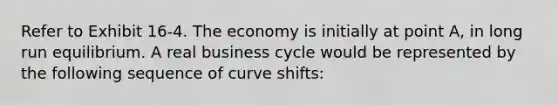 Refer to Exhibit 16-4. The economy is initially at point A, in long run equilibrium. A real business cycle would be represented by the following sequence of curve shifts: