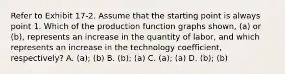 Refer to Exhibit 17-2. Assume that the starting point is always point 1. Which of the production function graphs shown, (a) or (b), represents an increase in the quantity of labor, and which represents an increase in the technology coefficient, respectively? A. (a); (b) B. (b); (a) C. (a); (a) D. (b); (b)