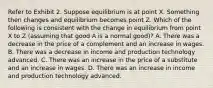 Refer to Exhibit 2. Suppose equilibrium is at point X. Something then changes and equilibrium becomes point Z. Which of the following is consistent with the change in equilibrium from point X to Z (assuming that good A is a normal good)? A. There was a decrease in the price of a complement and an increase in wages. B. There was a decrease in income and production technology advanced. C. There was an increase in the price of a substitute and an increase in wages. D. There was an increase in income and production technology advanced.