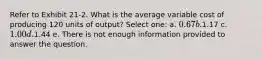 Refer to Exhibit 21-2. What is the average variable cost of producing 120 units of output? Select one: a. 0.67 b.1.17 c. 1.00 d.1.44 e. There is not enough information provided to answer the question.