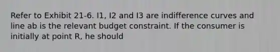 Refer to Exhibit 21-6. I1, I2 and I3 are indifference curves and line ab is the relevant budget constraint. If the consumer is initially at point R, he should