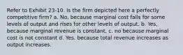 Refer to Exhibit 23-10. Is the firm depicted here a perfectly competitive firm? a. No, because marginal cost falls for some levels of output and rises for other levels of output. b. Yes, because marginal revenue is constant. c. no because marginal cost is not constant d. Yes. because total revenue increases as output increases.