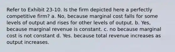 Refer to Exhibit 23-10. Is the firm depicted here a perfectly competitive firm? a. No, because marginal cost falls for some levels of output and rises for other levels of output. b. Yes, because marginal revenue is constant. c. no because marginal cost is not constant d. Yes. because total revenue increases as output increases.