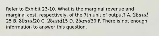 Refer to Exhibit 23-10. What is the marginal revenue and marginal cost, respectively, of the 7th unit of output? A. 25 and25 B. 30 and20 C. 25 and15 D. 25 and30 F. There is not enough information to answer this question.