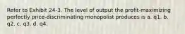 Refer to Exhibit 24-3. The level of output the profit-maximizing perfectly price-discriminating monopolist produces is a. q1. b. q2. c. q3. d. q4.