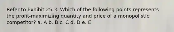 Refer to Exhibit 25-3. Which of the following points represents the profit-maximizing quantity and price of a monopolistic competitor? a. A b. B c. C d. D e. E