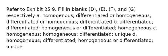 Refer to Exhibit 25-9. Fill in blanks (D), (E), (F), and (G) respectively a. homogenous; differentiated or homogeneous; differentiated or homogenous; differentiated b. differentiated; differentiated; homogeneous or differentiated; homogeneous c. homogeneous; homogeneous; differentiated; unique d. homogeneous; differentiated; homogeneous or differentiated; unique