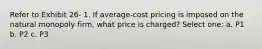 Refer to Exhibit 26- 1. If average-cost pricing is imposed on the natural monopoly firm, what price is charged? Select one: a. P1 b. P2 c. P3