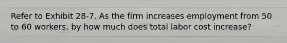 Refer to Exhibit 28-7. As the firm increases employment from 50 to 60 workers, by how much does total labor cost increase?