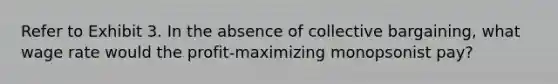 Refer to Exhibit 3. In the absence of collective bargaining, what wage rate would the profit-maximizing monopsonist pay?