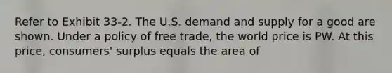 Refer to Exhibit 33-2. The U.S. demand and supply for a good are shown. Under a policy of free trade, the world price is PW. At this price, consumers' surplus equals the area of