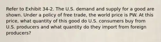 Refer to Exhibit 34-2. The U.S. demand and supply for a good are shown. Under a policy of free trade, the world price is PW. At this price, what quantity of this good do U.S. consumers buy from U.S. producers and what quantity do they import from foreign producers?