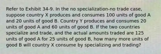 Refer to Exhibit 34-9. In the no specialization-no trade case, suppose country X produces and consumes 100 units of good A and 20 units of good B. Country Y produces and consumes 20 units of good A and 60 units of good B. If the two countries specialize and trade, and the actual amounts traded are 125 units of good A for 25 units of good B, how many more units of good B will country X consume by specializing and trading?