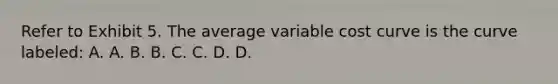 Refer to Exhibit 5. The average variable cost curve is the curve labeled: A. A. B. B. C. C. D. D.