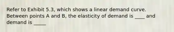 Refer to Exhibit 5.3, which shows a linear demand curve. Between points A and B, the elasticity of demand is ____ and demand is _____