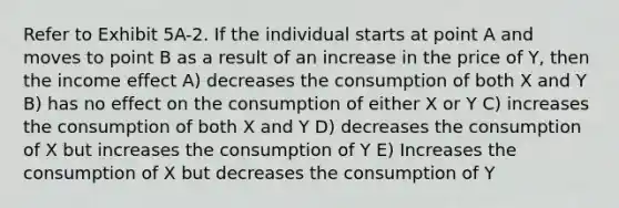 Refer to Exhibit 5A-2. If the individual starts at point A and moves to point B as a result of an increase in the price of Y, then the income effect A) decreases the consumption of both X and Y B) has no effect on the consumption of either X or Y C) increases the consumption of both X and Y D) decreases the consumption of X but increases the consumption of Y E) Increases the consumption of X but decreases the consumption of Y