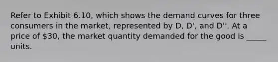 Refer to Exhibit 6.10, which shows the demand curves for three consumers in the market, represented by D, D', and D''. At a price of 30, the market quantity demanded for the good is _____ units.