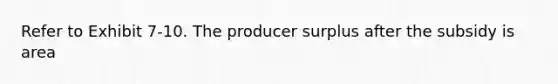 Refer to Exhibit 7-10. The <a href='https://www.questionai.com/knowledge/kfNMk0g6sJ-producer-surplus' class='anchor-knowledge'>producer surplus</a> after the subsidy is area