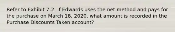 Refer to Exhibit 7-2. If Edwards uses the net method and pays for the purchase on March 18, 2020, what amount is recorded in the Purchase Discounts Taken account?