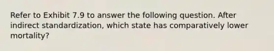 Refer to Exhibit 7.9 to answer the following question. After indirect standardization, which state has comparatively lower mortality?