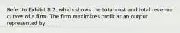 Refer to Exhibit 8.2, which shows the total cost and total revenue curves of a firm. The firm maximizes profit at an output represented by _____