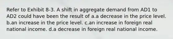 Refer to Exhibit 8-3. A shift in aggregate demand from AD1 to AD2 could have been the result of a.a decrease in the price level. b.an increase in the price level. c.an increase in foreign real national income. d.a decrease in foreign real national income.